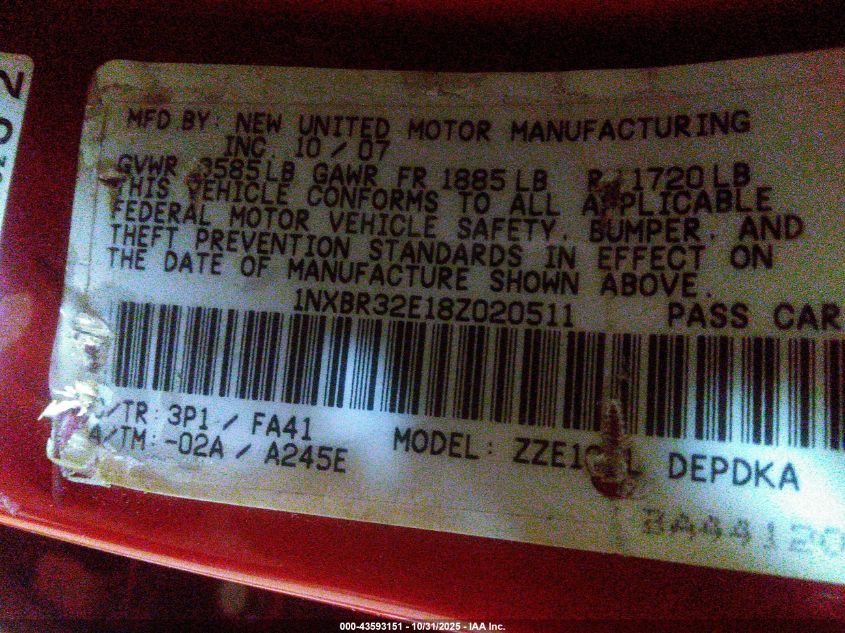 2008 Toyota Corolla Ce VIN: 1NXBR32E18Z020511 Lot: 43593151