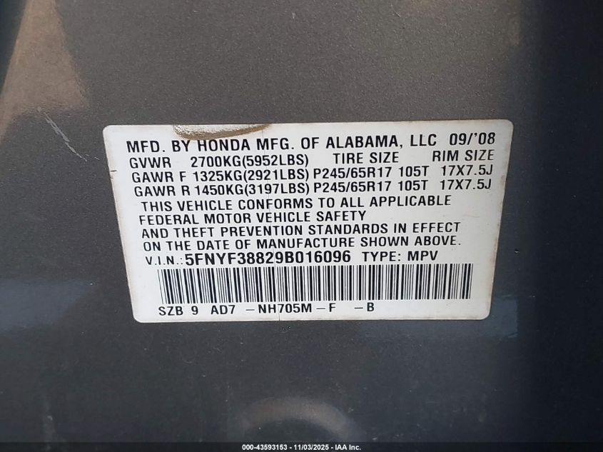 2009 Honda Pilot Touring VIN: 5FNYF38829B016096 Lot: 43593153