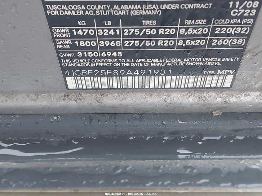 2009 Mercedes-Benz Gl 320 Bluetec 4Matic VIN: 4JGBF25E89A491931 Lot: 43593161