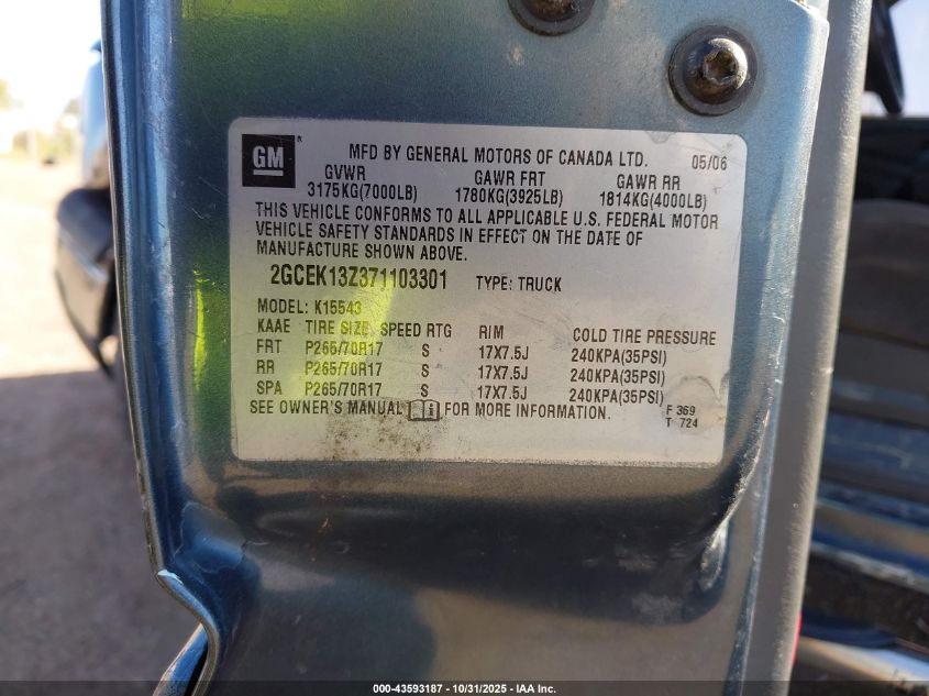 2007 Chevrolet Silverado 1500 Classic Lt1 VIN: 2GCEK13Z371103301 Lot: 43593187