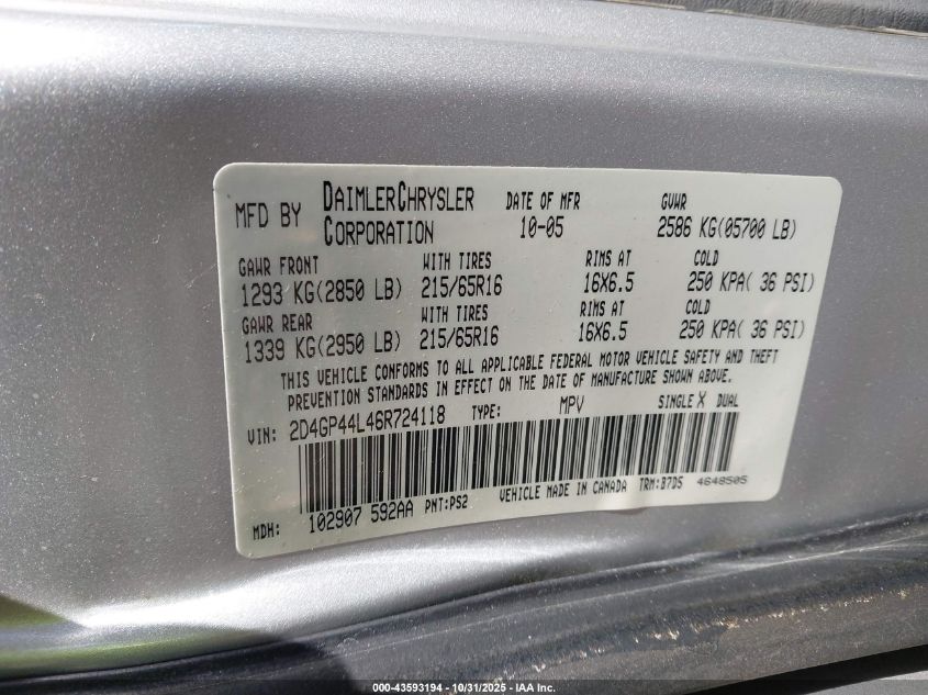2006 Dodge Grand Caravan Sxt VIN: 2D4GP44L46R724118 Lot: 43593194