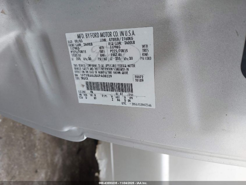 2004 Ford Ranger Edge/Tremor/Xlt VIN: 1FTYR44U84PA08339 Lot: 43593235
