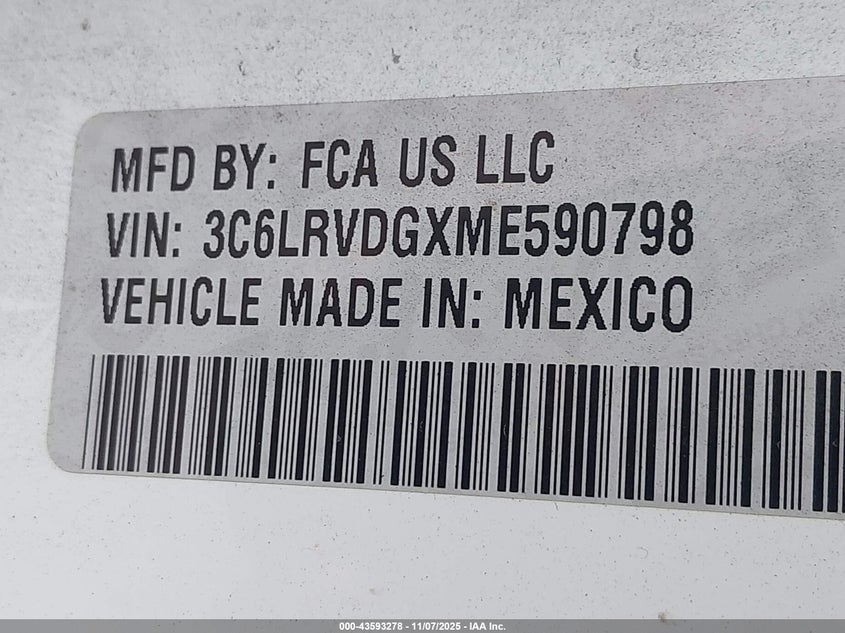 2021 Ram Promaster 2500 High Roof 159 Wb VIN: 3C6LRVDGXME590798 Lot: 43593278