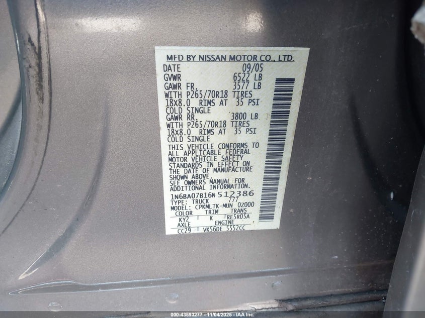 2006 Nissan Titan Se VIN: 1N6BA07B16N512386 Lot: 43593277