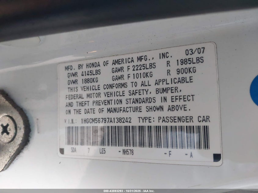 1HGCM56797A138242 2007 HONDA ACCORD photo no. 9
