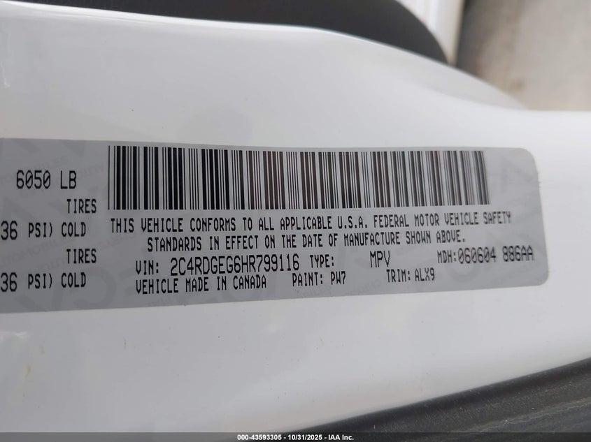 2017 Dodge Grand Caravan Gt VIN: 2C4RDGEG6HR799116 Lot: 43593305