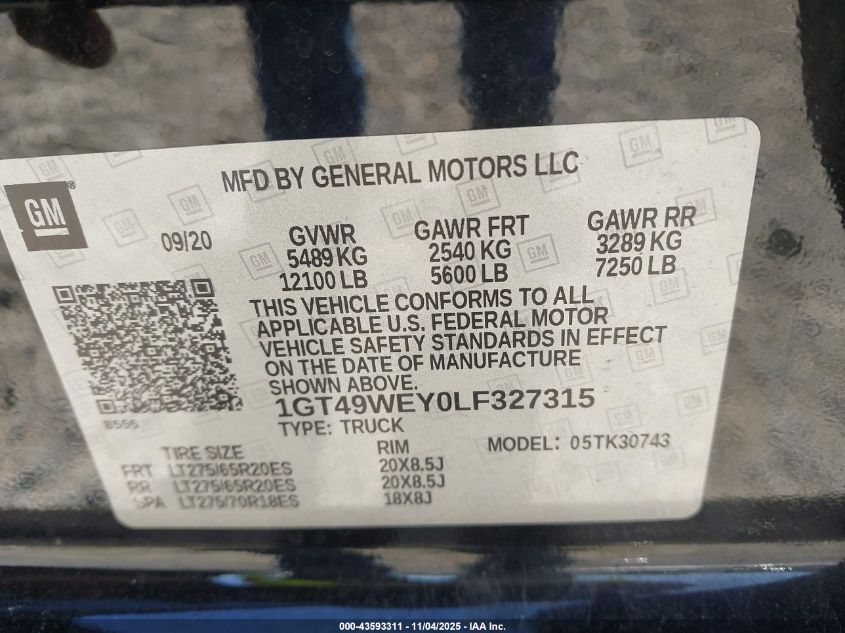 2020 GMC Sierra 3500Hd 4Wd Standard Bed Denali VIN: 1GT49WEY0LF327315 Lot: 43593311
