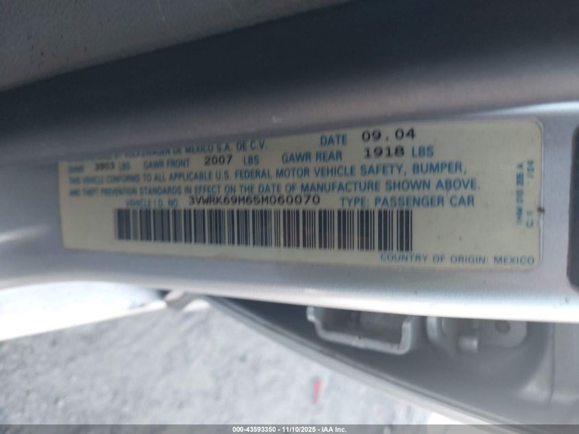 2005 Volkswagen Jetta Gl VIN: 3VWRK69M65M060070 Lot: 43593350