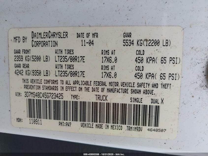 2005 Dodge Ram 3500 Slt/Laramie VIN: 3D7MS48C45G723425 Lot: 43593356