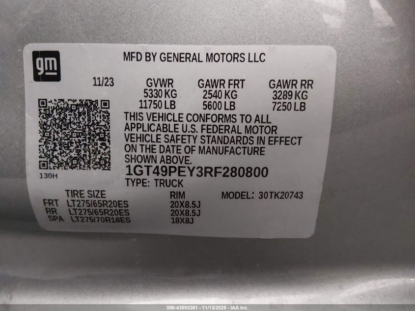 2024 GMC Sierra 2500Hd 4Wd Standard Bed At4 VIN: 1GT49PEY3RF280800 Lot: 43593361