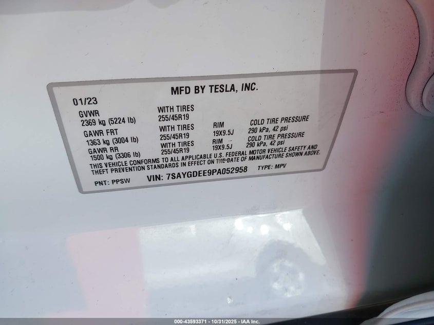 2023 Tesla Model Y Awd/Long Range Dual Motor All-Wheel Drive VIN: 7SAYGDEE9PA052958 Lot: 43593371