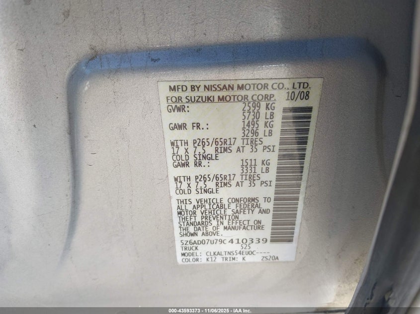 2009 Suzuki Equator Sport VIN: 5Z6AD07U79C410339 Lot: 43593373