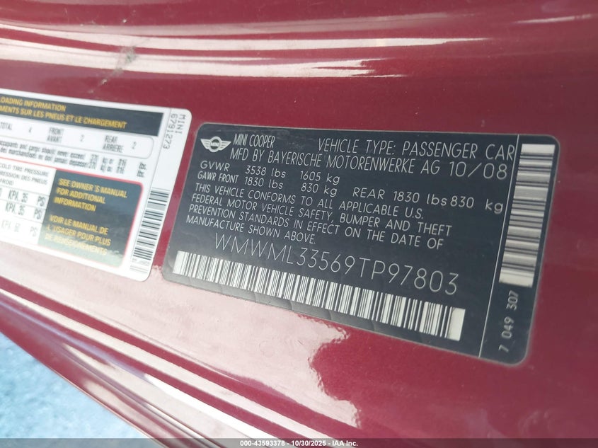 2009 Mini Cooper Clubman VIN: WMWML33569TP97803 Lot: 43593378