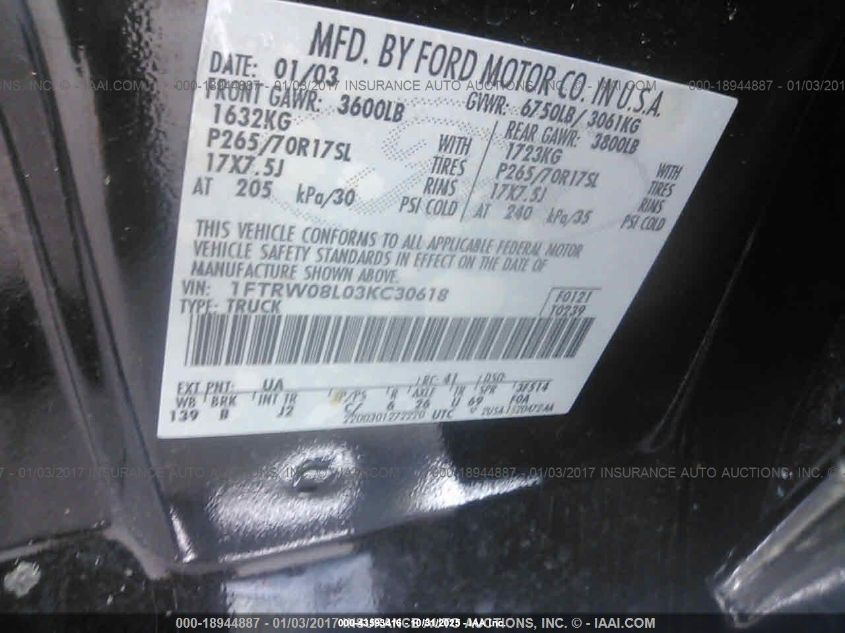2003 Ford F-150 Lariat/Xlt VIN: 1FTRW08L03KC30618 Lot: 43593416