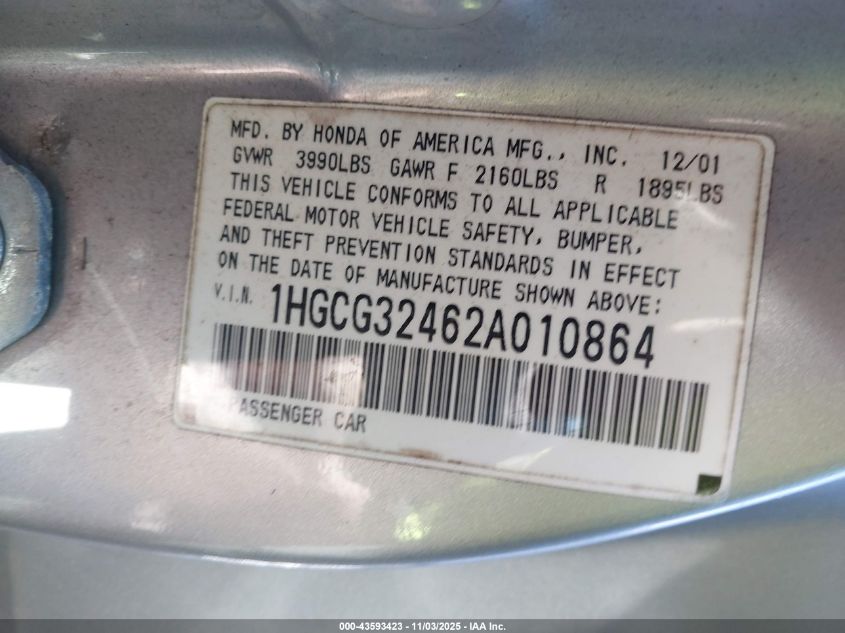 2002 Honda Accord 2.3 Lx VIN: 1HGCG32462A010864 Lot: 43593423