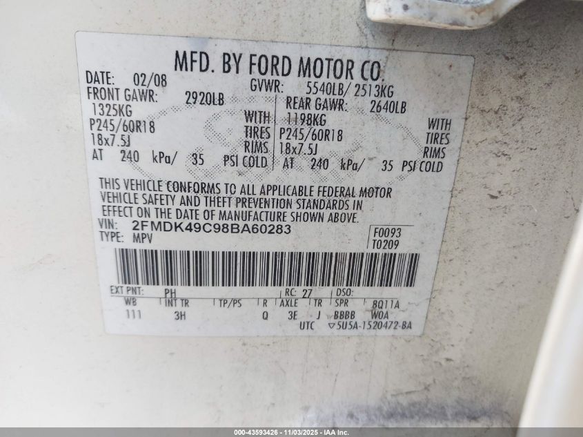 2008 Ford Edge Limited VIN: 2FMDK49C98BA60283 Lot: 43593426