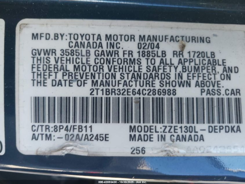 2004 Toyota Corolla Ce VIN: 2T1BR32E64C286988 Lot: 43593430