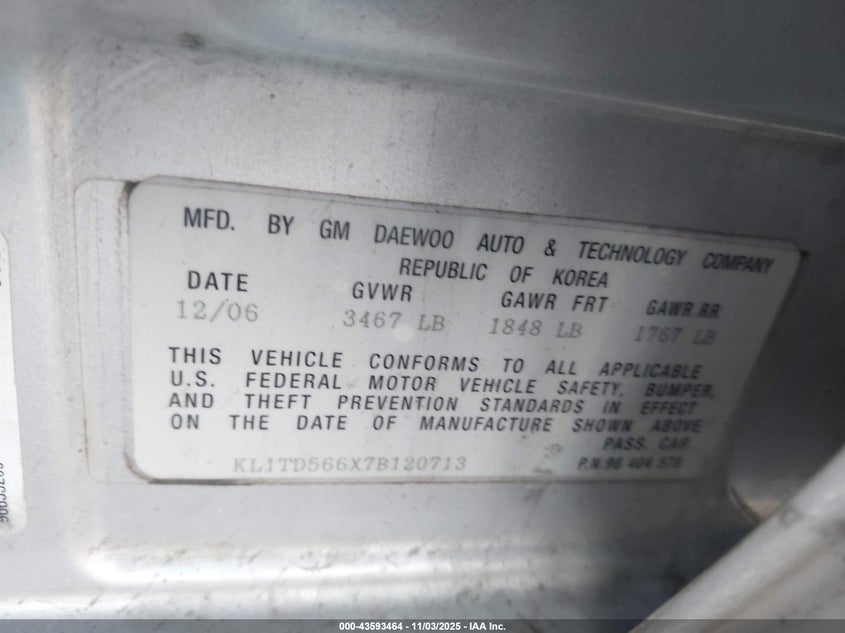 2007 Chevrolet Aveo Ls VIN: KL1TD566X7B120713 Lot: 43593464