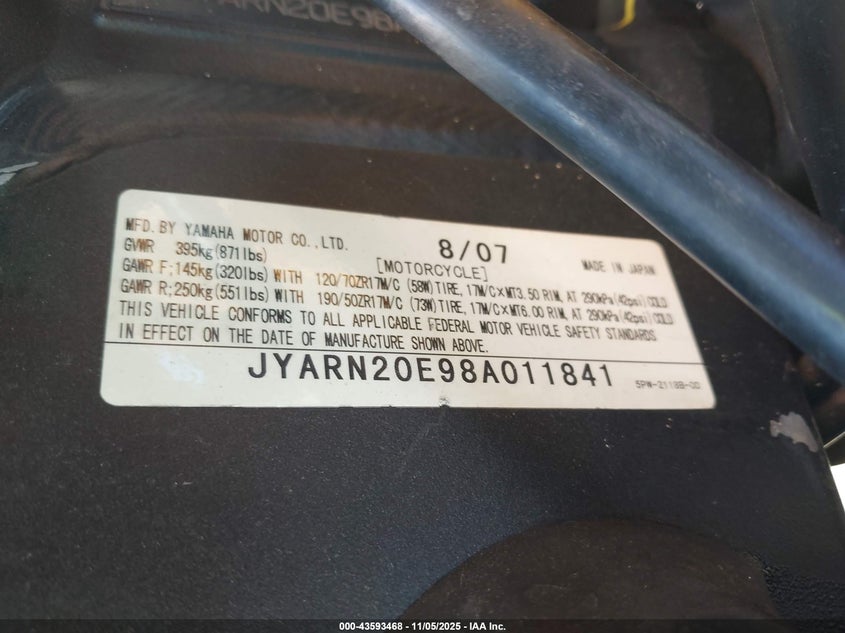 2008 Yamaha Yzfr1 VIN: JYARN20E98A011841 Lot: 43593468