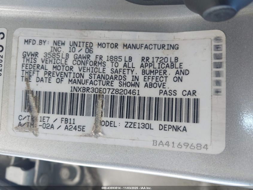 2007 Toyota Corolla Le VIN: 1NXBR30E07Z820461 Lot: 43593514