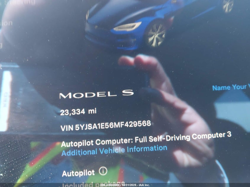 2021 Tesla Model S Long Range Dual Motor All-Wheel Drive VIN: 5YJSA1E56MF429568 Lot: 43593569