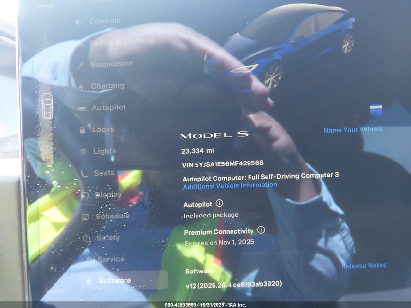 2021 Tesla Model S Long Range Dual Motor All-Wheel Drive VIN: 5YJSA1E56MF429568 Lot: 43593569