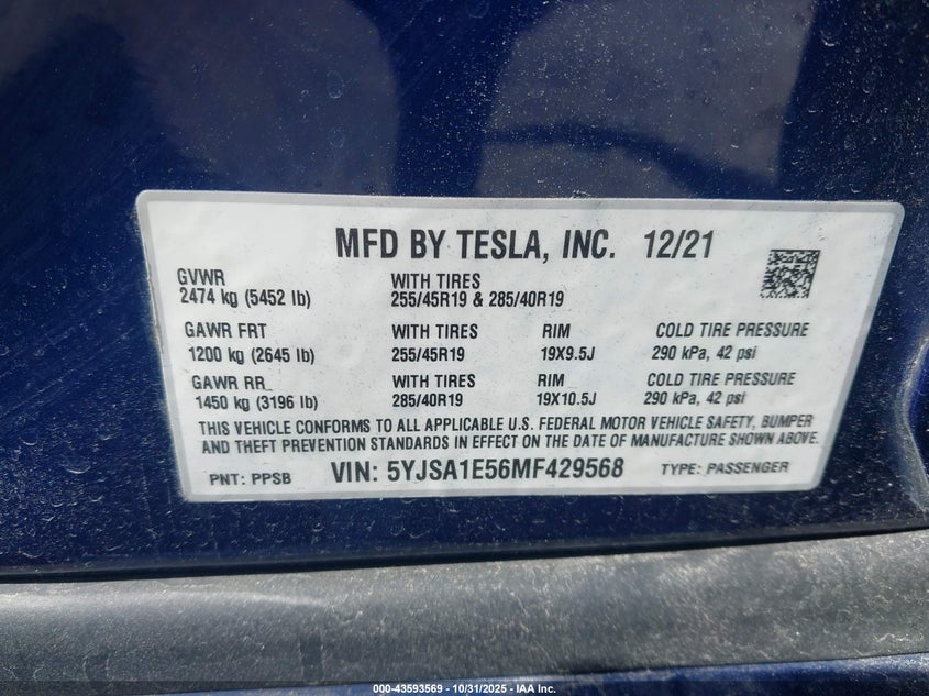 2021 Tesla Model S Long Range Dual Motor All-Wheel Drive VIN: 5YJSA1E56MF429568 Lot: 43593569