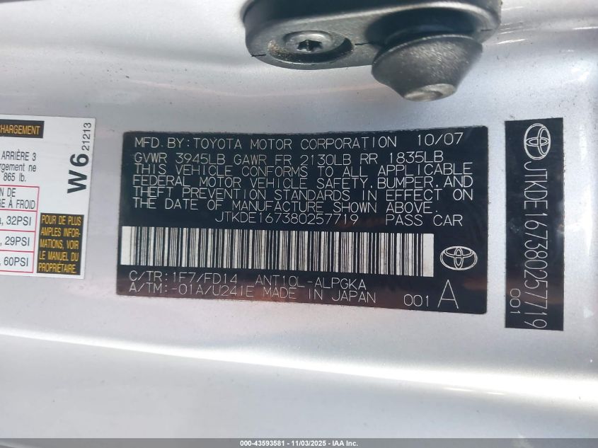 2008 Scion Tc VIN: JTKDE167380257719 Lot: 43593581