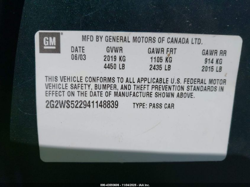 2004 Pontiac Grand Prix Gt2 VIN: 2G2WS522941148839 Lot: 43593606