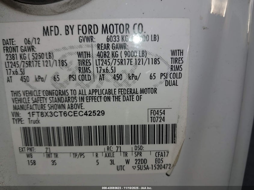 2012 Ford F-350 Xlt VIN: 1FT8X3CT6CEC42529 Lot: 43593623