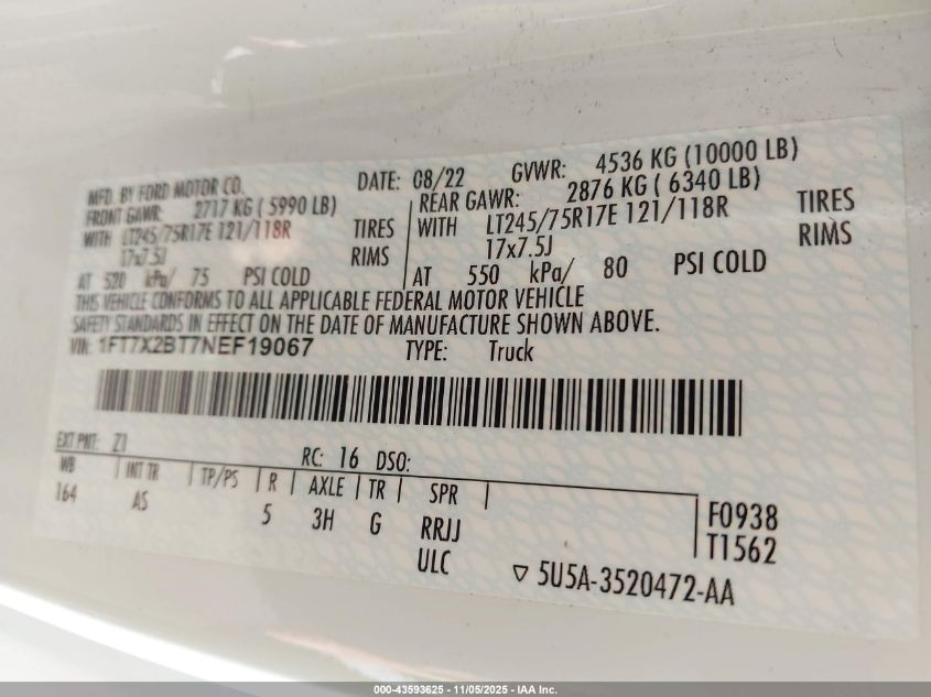 2022 Ford F-250 Xl VIN: 1FT7X2BT7NEF19067 Lot: 43593625