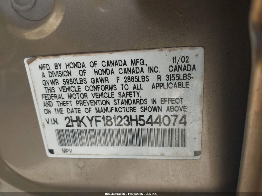 2003 Honda Pilot Lx VIN: 2HKYF18123H544074 Lot: 43593626