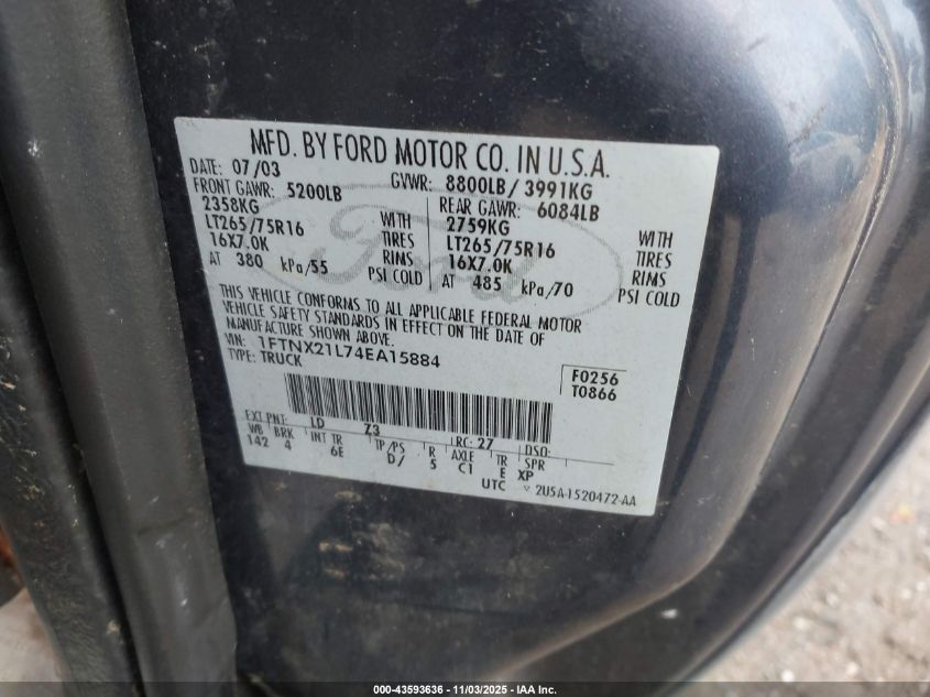 2004 Ford F-250 Lariat/Xl/Xlt VIN: 1FTNX21L74EA15884 Lot: 43593636