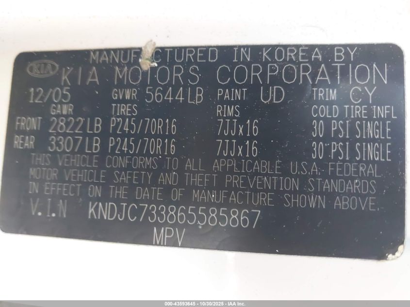 2006 Kia Sorento Ex/Lx VIN: KNDJC733865585867 Lot: 43593645