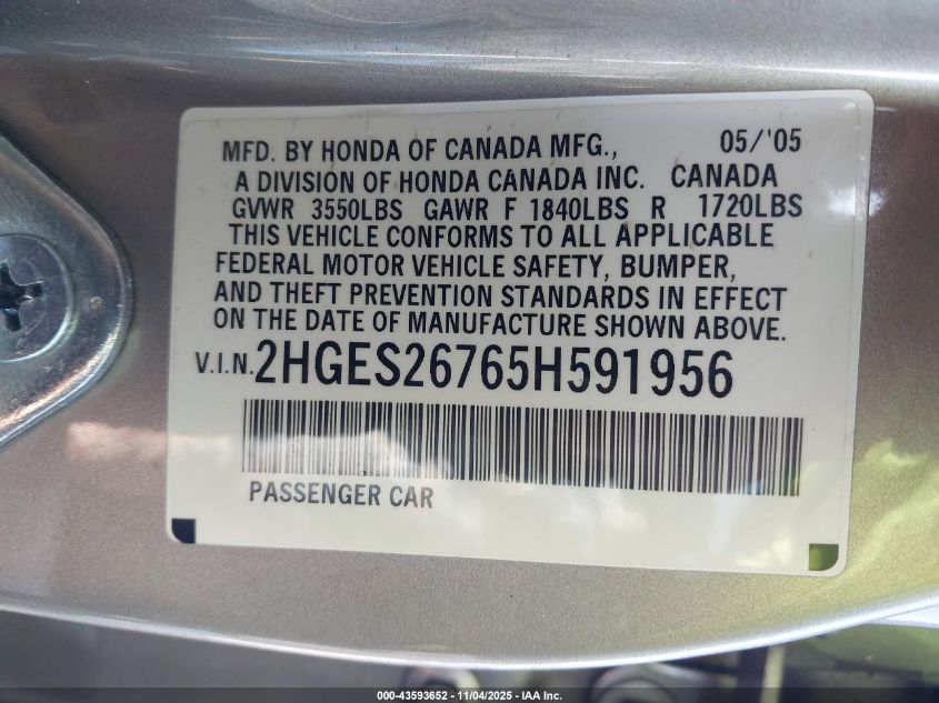 2005 Honda Civic Ex VIN: 2HGES26765H591956 Lot: 43593652