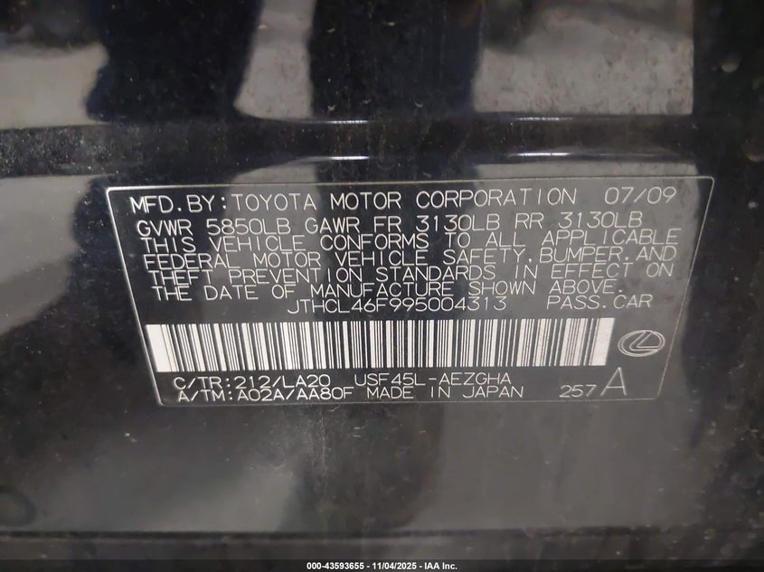 2009 Lexus Ls 460 VIN: JTHCL46F995004313 Lot: 43593655