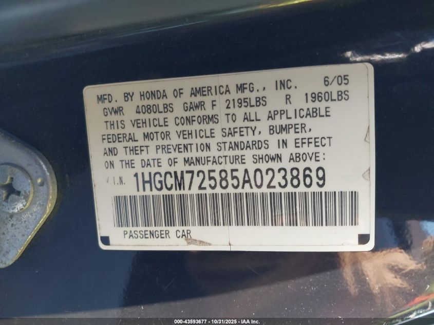 2005 Honda Accord 2.4 Lx Special Edition VIN: 1HGCM72585A023869 Lot: 43593677