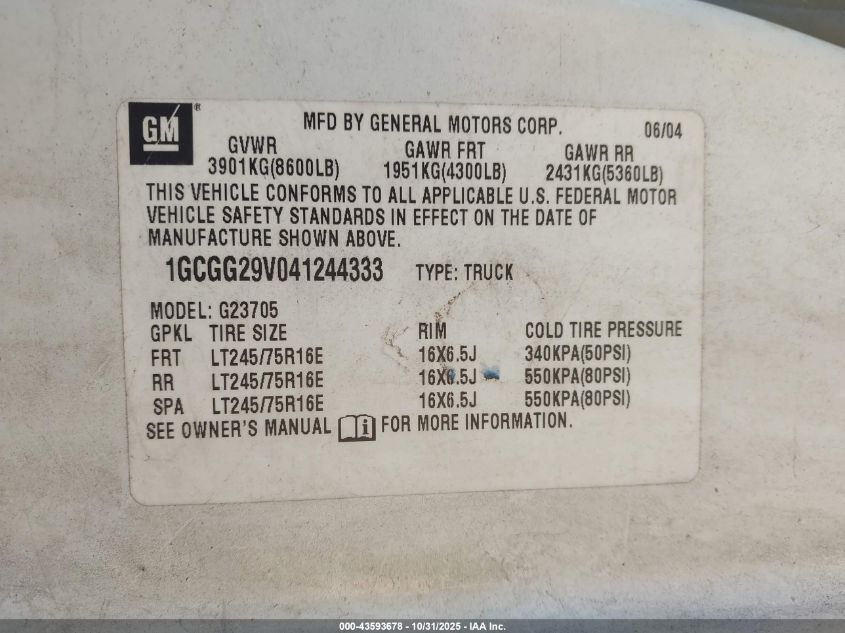 2004 Chevrolet Express VIN: 1GCGG29V041244333 Lot: 43593678