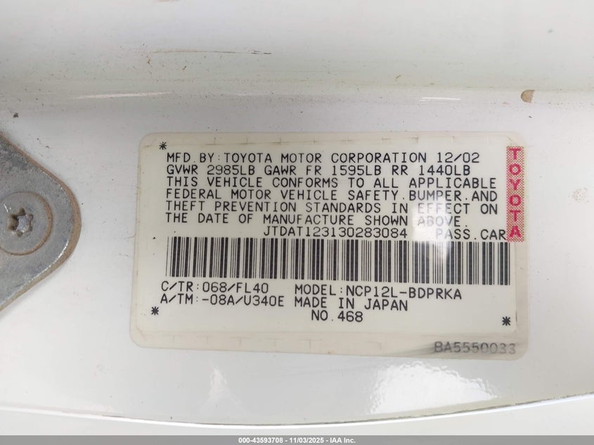 2003 Toyota Echo VIN: JTDAT123130283084 Lot: 43593708