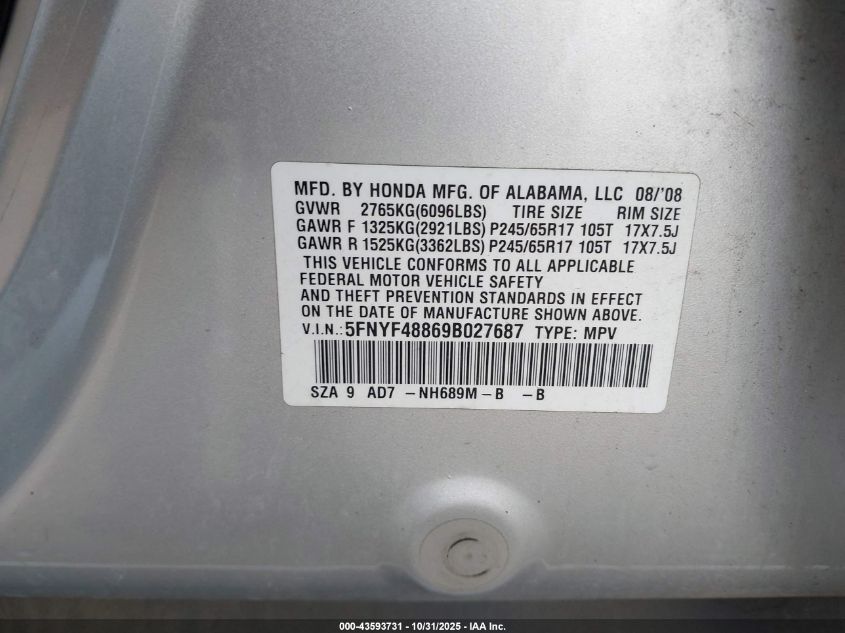 2009 Honda Pilot Touring VIN: 5FNYF48869B027687 Lot: 43593731