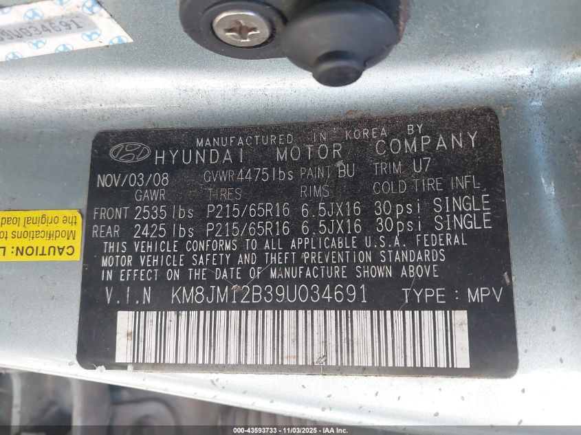 2009 Hyundai Tucson Gls VIN: KM8JM12B39U034691 Lot: 43593733