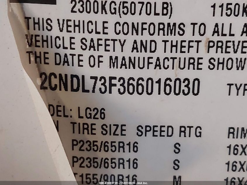 2006 Chevrolet Equinox Lt VIN: 2CNDL73F366016030 Lot: 43593739