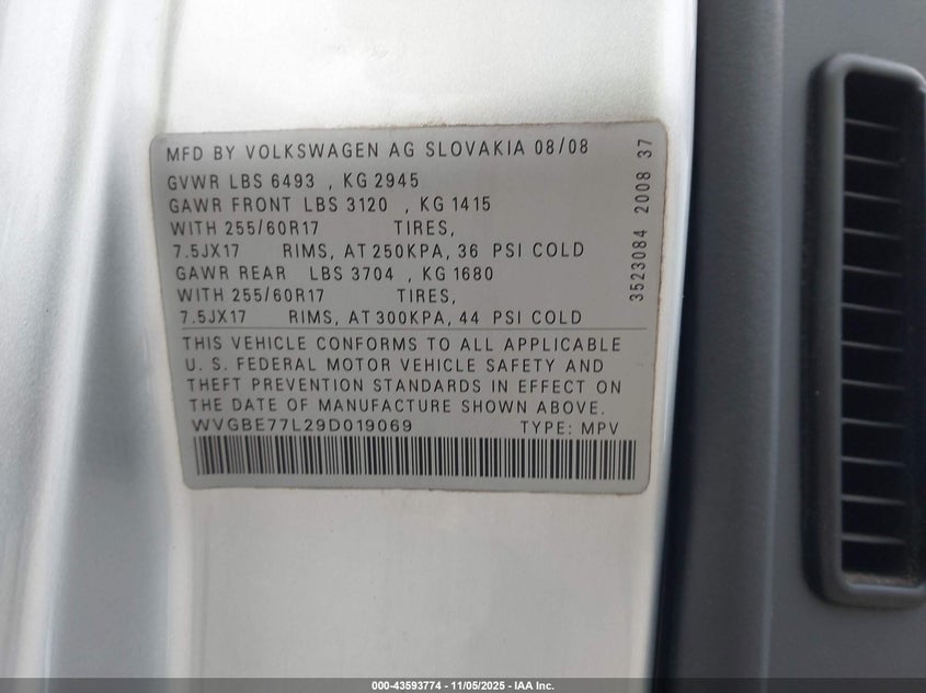 2009 Volkswagen Touareg 2 Vr6 Fsi VIN: WVGBE77L29D019069 Lot: 43593774