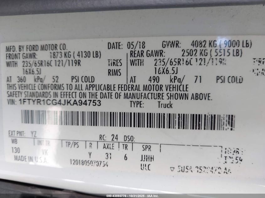 2018 Ford Transit-250 VIN: 1FTYR1CG4JKA94753 Lot: 43593776