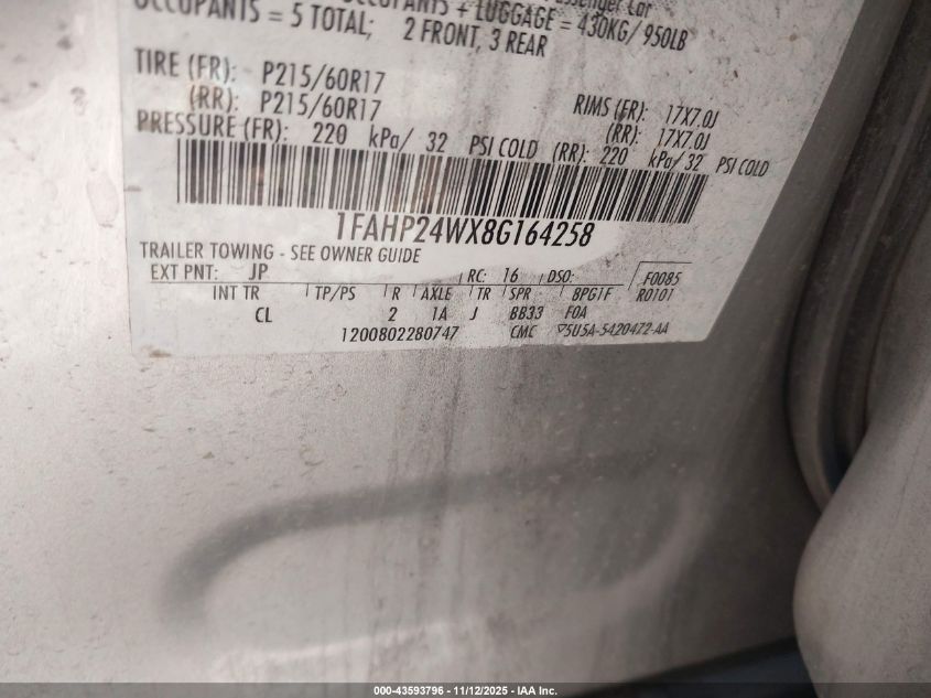 2008 Ford Taurus Sel VIN: 1FAHP24WX8G164258 Lot: 43593796