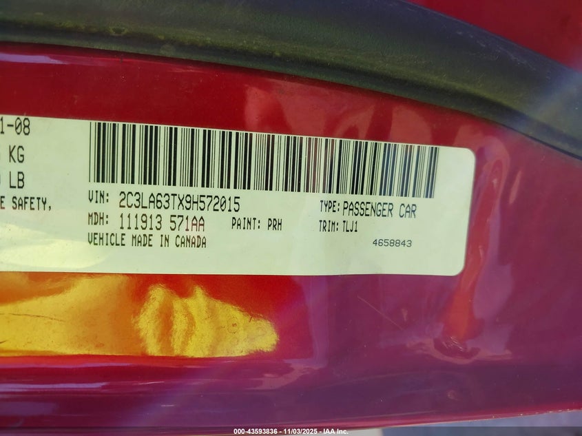 2009 Chrysler 300C Hemi VIN: 2C3LA63TX9H572015 Lot: 43593836