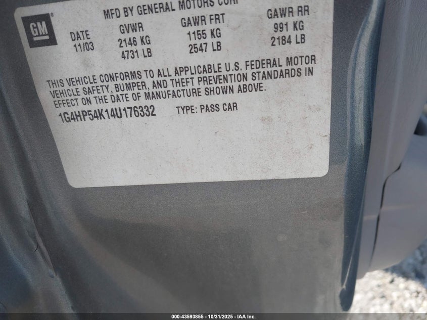 2004 Buick Lesabre Custom VIN: 1G4HP54K14U176332 Lot: 43593855