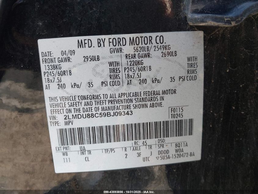 2009 Lincoln Mkx VIN: 2LMDU88C59BJ09343 Lot: 43593856
