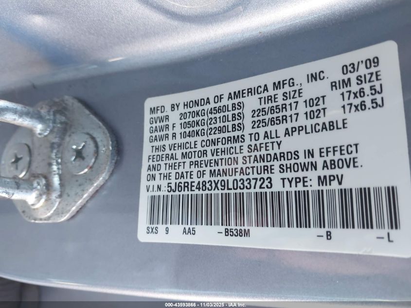 2009 Honda Cr-V Lx VIN: 5J6RE483X9L033723 Lot: 43593866