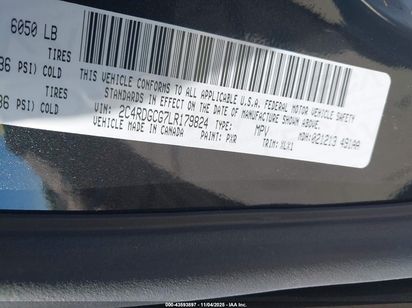 2020 Dodge Grand Caravan Sxt VIN: 2C4RDGCG7LR179824 Lot: 43593897